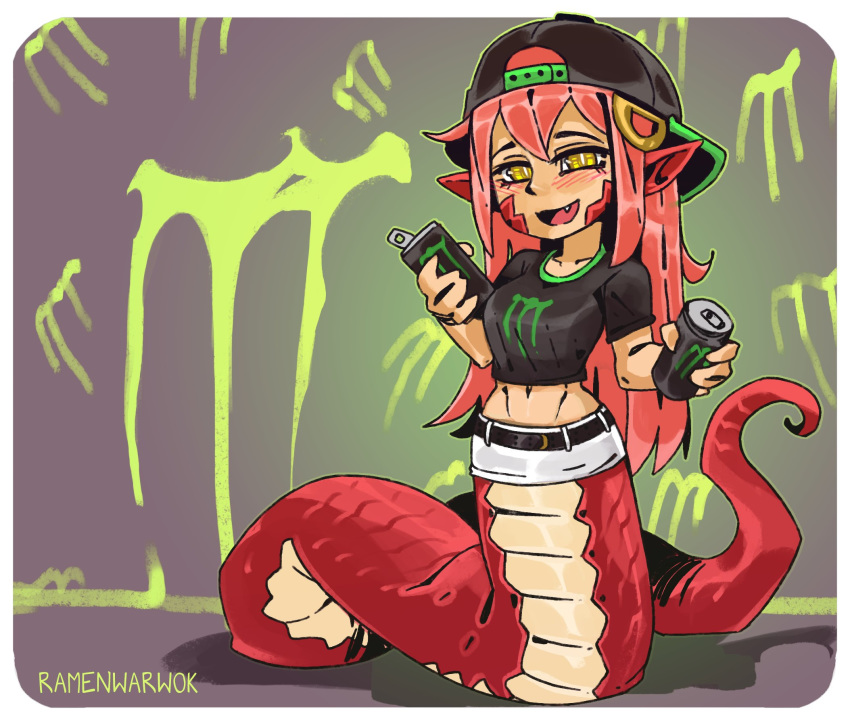 1girl :d artist_name backwards_hat baseball_cap belt black_shirt blush border breasts can commission energy_drink fang full_body hair_between_eyes hair_ornament hairclip hat highres holding holding_can lamia long_hair looking_at_viewer miia_(monster_musume) miniskirt monster_energy monster_girl monster_musume_no_iru_nichijou navel open_mouth pointy_ears ramenwarwok red_hair scales shirt skirt slit_pupils smile solo t-shirt tail white_border yellow_eyes