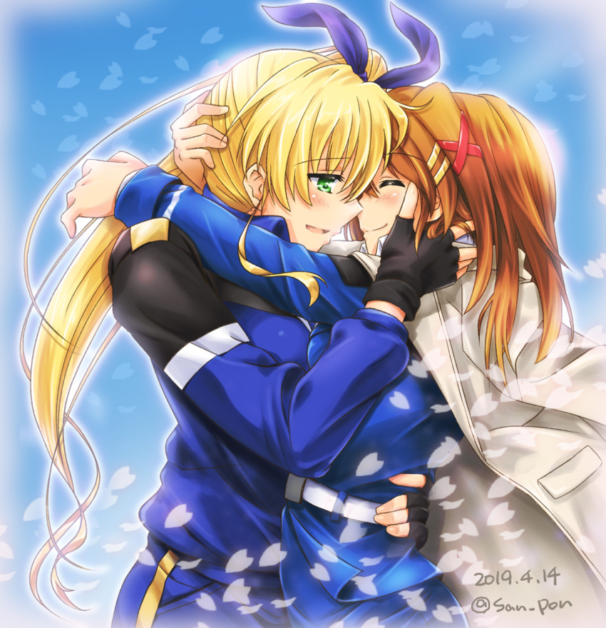 2girls arms_around_neck belt black_gloves blonde_hair blue_jacket blue_pants blue_ribbon blue_skirt blush brown_hair cherry_blossoms closed_eyes closed_mouth dated english_commentary eyebrows_visible_through_hair fingerless_gloves from_side gloves green_eyes gym_uniform hair_ornament hair_ribbon hairclip half-closed_eyes hand_on_another's_face hand_on_another's_head highres hug jacket jacket_on_shoulders long_sleeves lyrical_nanoha mahou_shoujo_lyrical_nanoha_vivid military military_uniform multiple_girls open_mouth pants pencil_skirt ribbon san-pon side_ponytail single_vertical_stripe skirt smile standing tsab_naval_military_uniform uniform vivio white_belt white_jacket x_hair_ornament yagami_hayate yuri