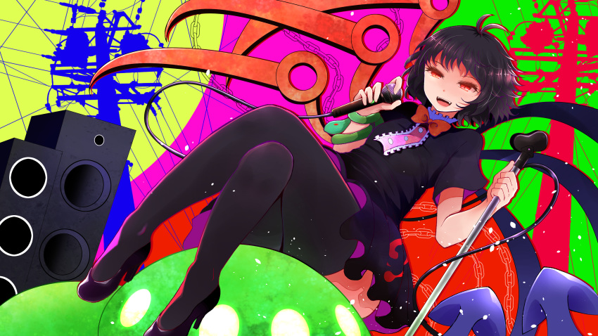 1girl :d absurdres antenna_hair arano_oki asymmetrical_wings bangs black_dress black_footwear black_hair black_legwear blue_wings bow bowtie chains commentary_request dress fangs hands_up high_heels highres holding holding_microphone houjuu_nue looking_at_viewer microphone microphone_stand open_mouth pantyhose red_bow red_eyes red_neckwear red_wings short_dress short_hair short_sleeves sitting smile snake solo thighs touhou ufo utility_pole wings