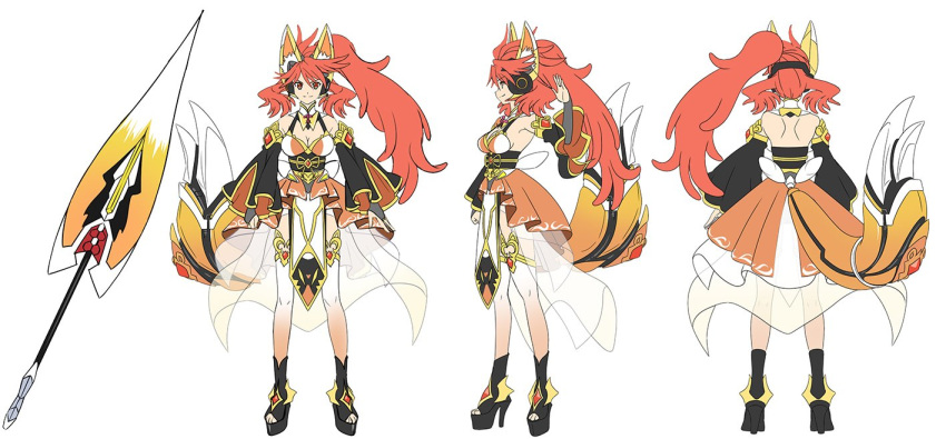 1girl alternate_hairstyle amou_kanade animal_ears bare_back black_footwear breasts character_sheet cleavage detached_sleeves fake_animal_ears fox_ears fox_tail from_behind full_body high_heels high_ponytail lance long_hair official_art platform_footwear platform_heels polearm ponytail profile red_hair senki_zesshou_symphogear senki_zesshou_symphogear_xd_unlimited simple_background smile solo tail weapon white_background