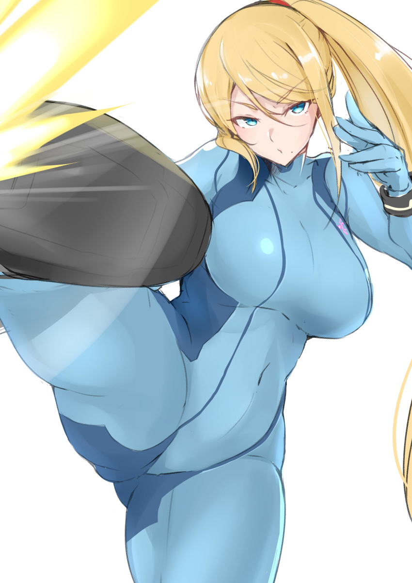 1girl absurdres blonde_hair blue_eyes blush breasts butt_crack covered_navel gluteal_fold highres kicking large_breasts leg_lift long_hair maruya1006 metroid nintendo ponytail reflective_clothing samus_aran sketch sleeve_cuffs solo standing standing_on_one_leg thighs white_background zero_suit