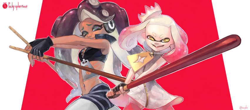 2girls bare_shoulders black_gloves dark_skin dress fingerless_gloves food furrowed_eyebrows gloves gradient_hair green_eyes grey_hair grey_legwear grey_skin headphones highres hime_(splatoon) horizontal_pupils iida_(splatoon) legwear_under_shorts long_hair mole mole_under_mouth multicolored multicolored_hair multicolored_skin multiple_girls navel_piercing octarian open_mouth outstretched_arms pantyhose piercing pink_legwear pink_pupils pocky short_hair shorts shorts_under_dress sizu smile splatoon splatoon_(series) splatoon_2 suction_cups tentacle_hair two-tone_hair two-tone_skin white_dress white_hair zipper zipper_pull_tab