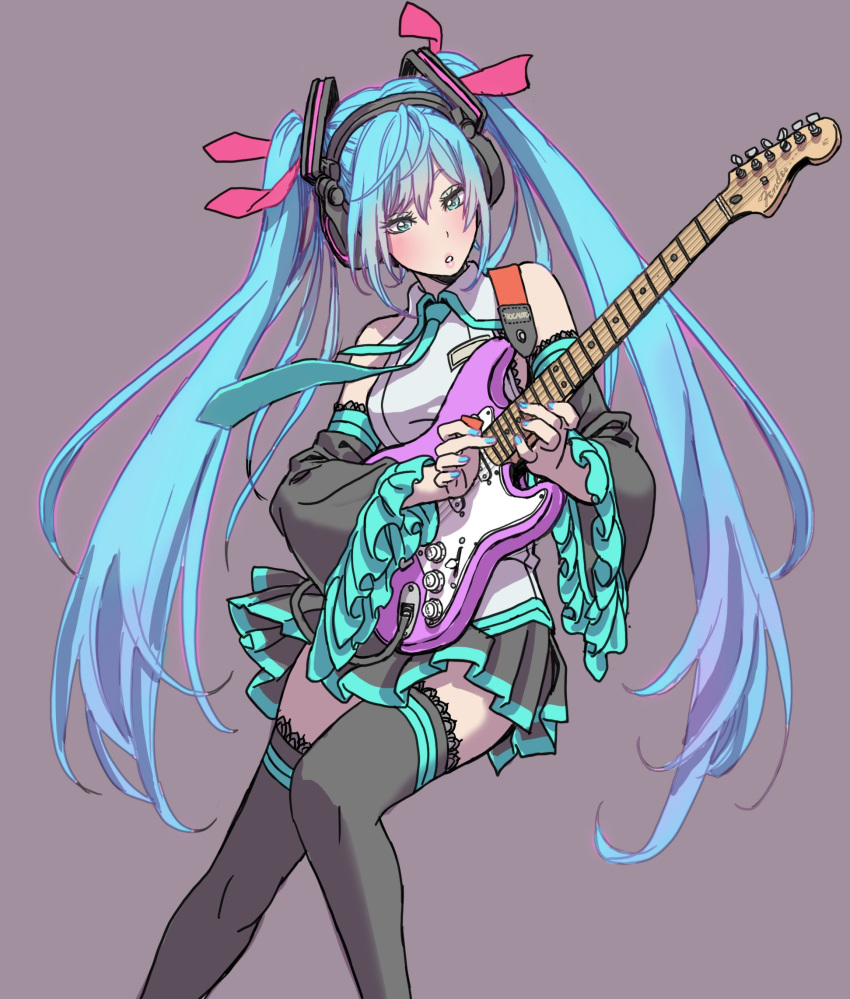 1girl aqua_eyes aqua_hair bangs bare_shoulders black_legwear blue_nails bow breasts commentary_request detached_sleeves electric_guitar fingernails frills grey_background guitar hair_bow hair_ornament hatsune_miku headphones highres holding instrument long_hair medium_breasts nail_polish necktie parted_lips pleated_skirt plectrum simple_background skirt solo thighhighs twintails vocaloid wide_sleeves yamashita_shun'ya zettai_ryouiki