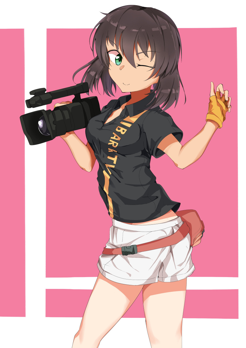 1girl ;) absurdres antyobi0720 bangs black_shirt blush brown_hair casual clothes_writing collared_shirt dark_skin eyebrows_visible_through_hair fanny_pack from_side girls_und_panzer gloves green_eyes highres holding hoshino_(girls_und_panzer) looking_at_viewer one_eye_closed orange_gloves pink_background print_shirt shirt short_hair short_shorts short_sleeves shorts smile solo standing thighs unbuttoned unbuttoned_shirt v-shaped_eyebrows video_camera white_shorts