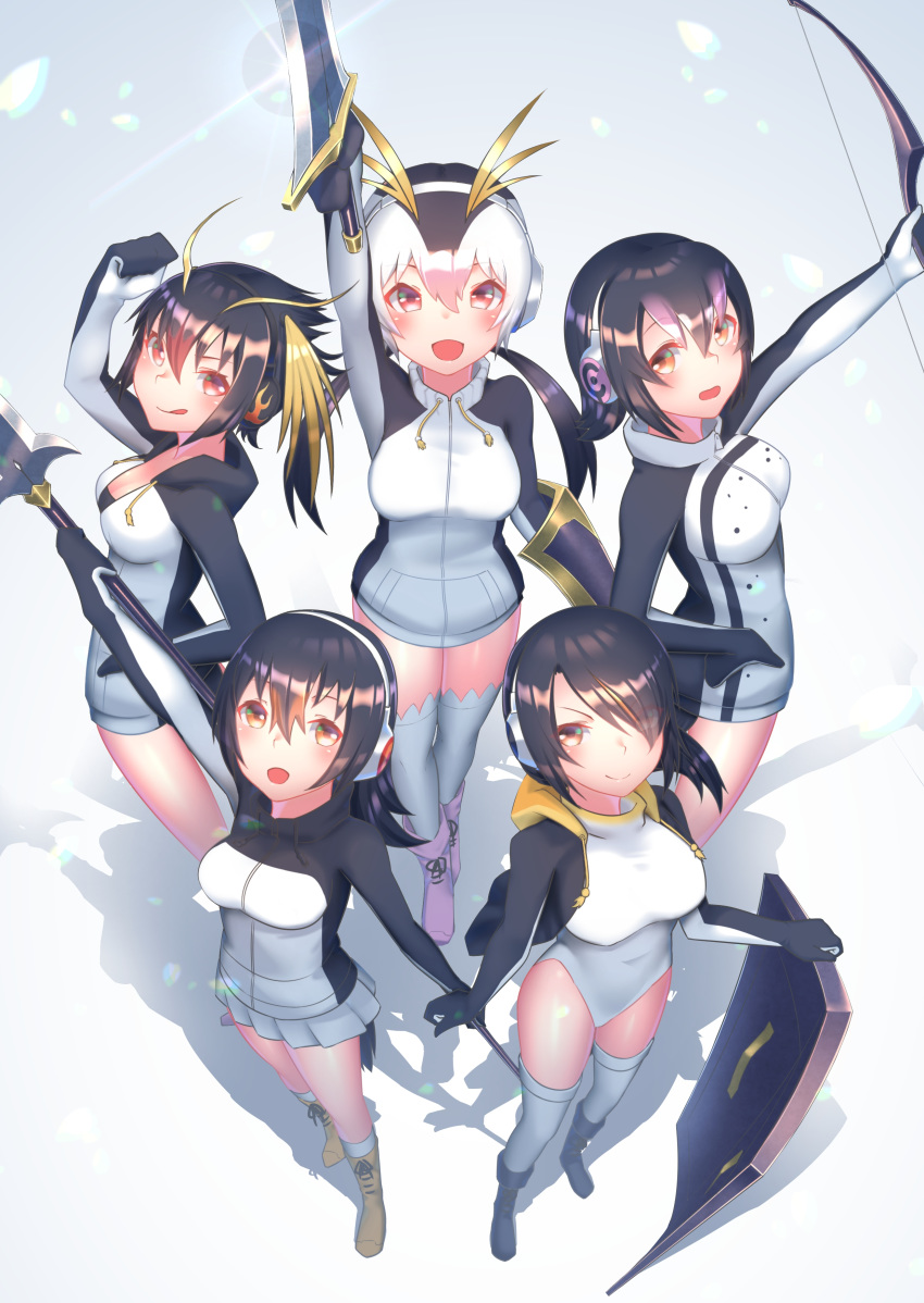 5girls absurdres black_hair blonde_hair boots bow_(weapon) drawstring emperor_penguin_(kemono_friends) everyone eyebrows_visible_through_hair from_above gentoo_penguin_(kemono_friends) hair_over_one_eye headphones highlights highres hood hood_down hoodie humboldt_penguin_(kemono_friends) kemono_friends lace lace-trimmed_legwear leotard long_hair long_sleeves multicolored_hair multiple_girls penguin_tail penguins_performance_project_(kemono_friends) pink_hair polearm purple_hair red_hair rockhopper_penguin_(kemono_friends) royal_penguin_(kemono_friends) shield short_hair st.takuma sweater sword tail thighhighs twintails weapon white_hair zettai_ryouiki