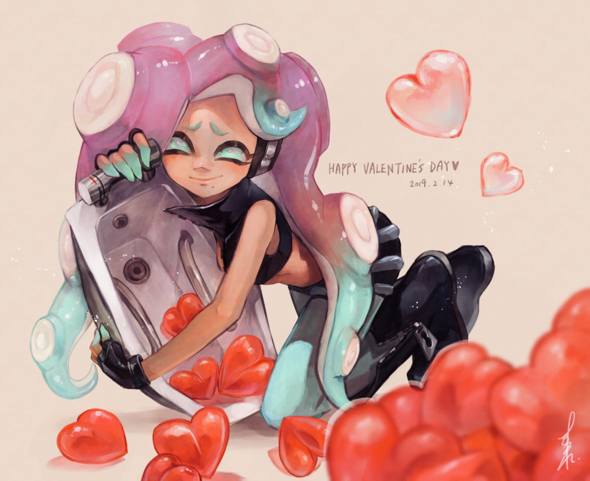 1girl 2019 aqua_eyes aqua_hair aqua_legwear aqua_skin bare_shoulders black_footwear black_gloves bloblobber_(splatoon) boots closed_mouth dark_skin dated fingerless_gloves furrowed_eyebrows gloves gradient_hair happy_valentine headphones heart horizontal_pupils iida_(splatoon) legwear_under_shorts looking_at_viewer mole mole_under_mouth multicolored multicolored_hair multicolored_skin octarian pantyhose pink_pupils purple_hair shorts sizu smile solo splatoon splatoon_(series) splatoon_2 tentacle_hair two-tone_hair two-tone_skin valentine zipper zipper_pull_tab