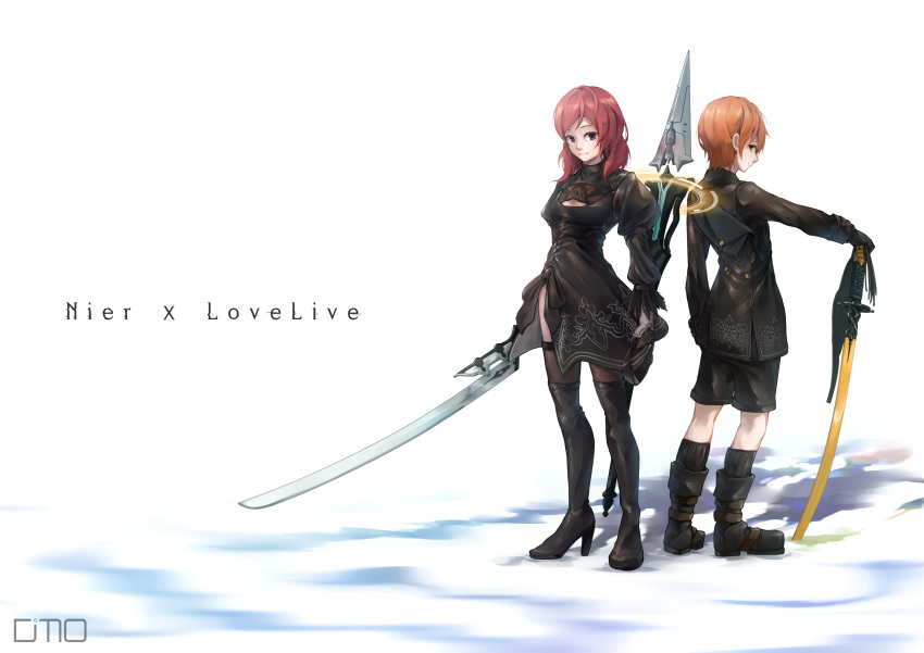 2girls absurdres black_clothes boots copyright_name cosplay dms highres hoshizora_rin love_live! love_live!_school_idol_project multiple_girls nier_(series) nier_automata nishikino_maki polearm shorts side_slit spear sword thigh_boots thighhighs weapon yorha_no._2_type_b yorha_no._2_type_b_(cosplay) yorha_no._9_type_s yorha_no._9_type_s_(cosplay)