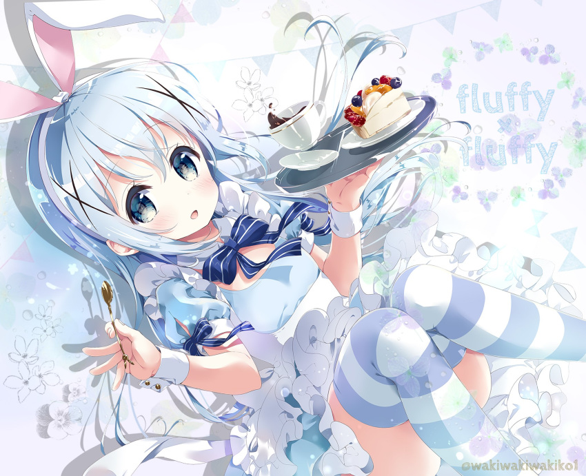 1girl :d animal_ears apron bangs blue_bow blue_dress blue_eyes blue_hair blush bow bunny_ears cake coffee commentary_request cup dress eyebrows_visible_through_hair food frilled_apron frilled_dress frills gochuumon_wa_usagi_desu_ka? hair_between_eyes hair_ornament highres holding holding_spoon holding_tray kafuu_chino long_hair looking_at_viewer neki_(wakiko) open_mouth pennant plate puffy_short_sleeves puffy_sleeves saucer short_sleeves slice_of_cake smile solo spoon string_of_flags striped striped_bow striped_legwear teacup thighhighs tray twitter_username very_long_hair white_apron wrist_cuffs x_hair_ornament