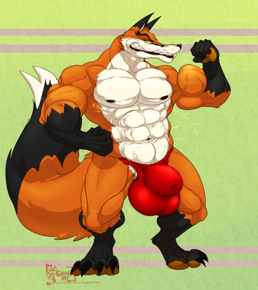 2019 4_toes 5_fingers abs anthro balls biceps big_balls big_muscles black_skin bulge canid canine clothing digitigrade dipstick_tail eyebrows fist flexing fox gloves_(marking) hi_res hungothenomster kuufuku male mammal markings multicolored_skin multicolored_tail muscular muscular_thighs nipples orange_skin pawpads pecs penis saliva sharp_teeth socks_(marking) solo standing teeth tight_underwear toes two_tone_skin underwear white_skin yellow_eyes