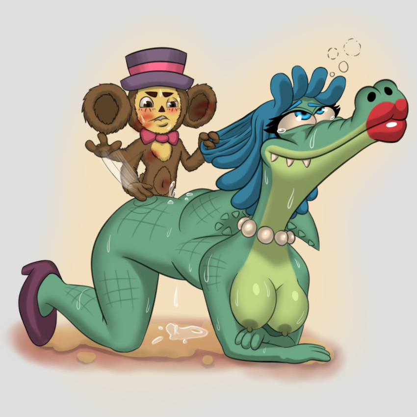 1:1 anthro big_ears blue_eyes blue_hair blush bow_tie breasts brown_fur butt_slap cheburashka cheburashka_(character) clothing crocodile crocodilian crocodylid crossgender dizzy fangs female footwear fur genderbender green_nipples hair hat headgear headwear hi_res high_heels jewelry kiss_mark krokodil_gena larger_female lipstick makeup male male/female metalslayer necklace nipples pearl_necklace pussy_juice reptile russian_text scalie shoes size_difference slap smaller_male sweat tears text