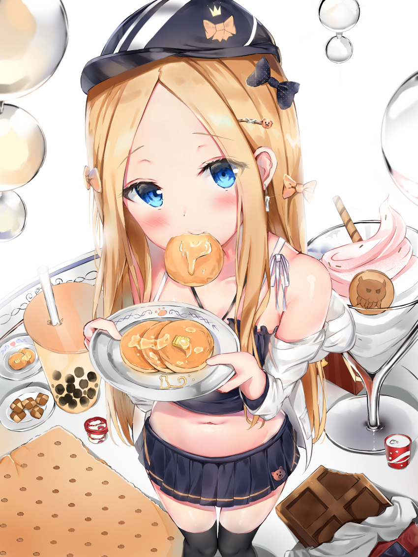 1girl abigail_williams_(fate/grand_order) absurdres bachibachi_(tisen) bangs bare_shoulders biscuit black_bow black_headwear black_legwear black_shirt black_skirt blonde_hair blue_eyes blush bow bubble_tea butter chocolate_bar collarbone cookie crop_top cup dessert drinking_glass earrings fate/grand_order fate_(series) food from_above hair_bow hair_ornament hairclip halterneck highres holding holding_plate ice_cream jacket jewelry long_hair looking_at_viewer midriff milk_tea miniskirt mouth_hold navel off_shoulder open_clothes open_jacket pancake parted_bangs plate pleated_skirt shirt sidelocks simple_background skirt solo standing stomach thighhighs very_long_hair wafer_stick white_background white_jacket zettai_ryouiki