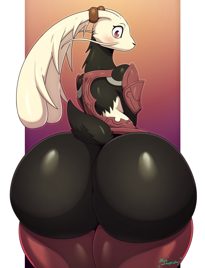 2019 absurd_res anthro anthrofied armor big_butt black_fur blush bottomless butt clothed clothing digital_drawing_(artwork) digital_media_(artwork) female fire_emblem fur hi_res huge_butt lagomorph leggings legwear leporid looking_at_viewer looking_back mammal miso_souperstar nintendo panne pink_eyes rabbit rear_view short_tail signature solo taguel thick_thighs video_games voluptuous white_fur wide_hips