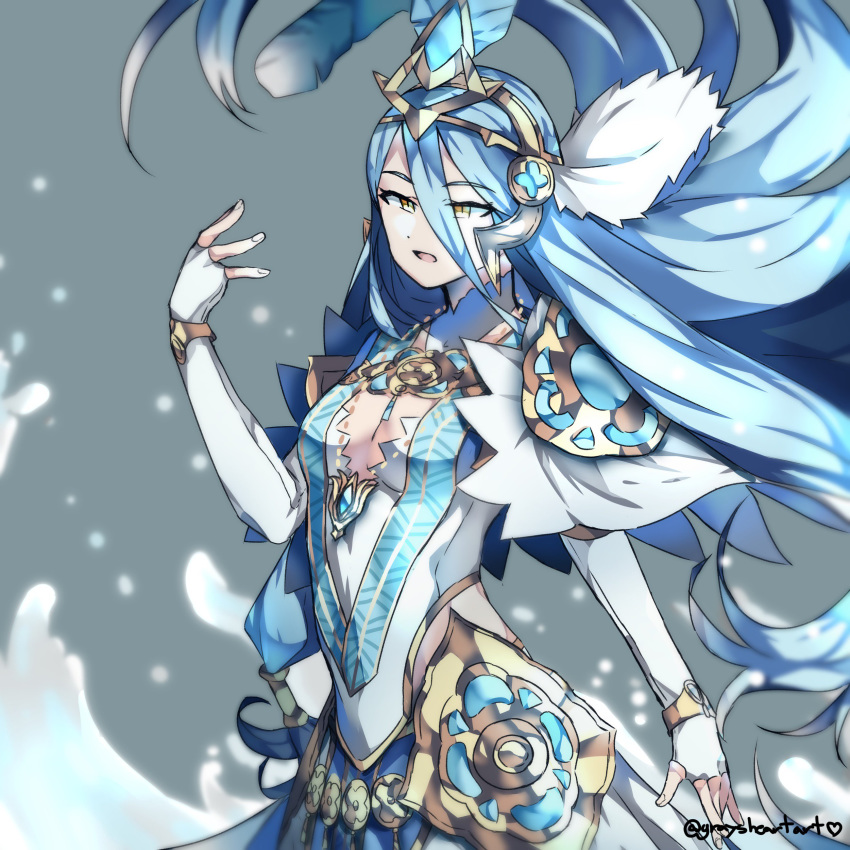 1girl absurdres aqua_(fire_emblem_if) blue_hair elbow_gloves feathers fingerless_gloves fire_emblem fire_emblem_heroes fire_emblem_if gloves graysheartart hair_feathers hair_ornament highres jewelry long_hair open_mouth pendant solo twitter_username upper_body white_gloves yellow_eyes