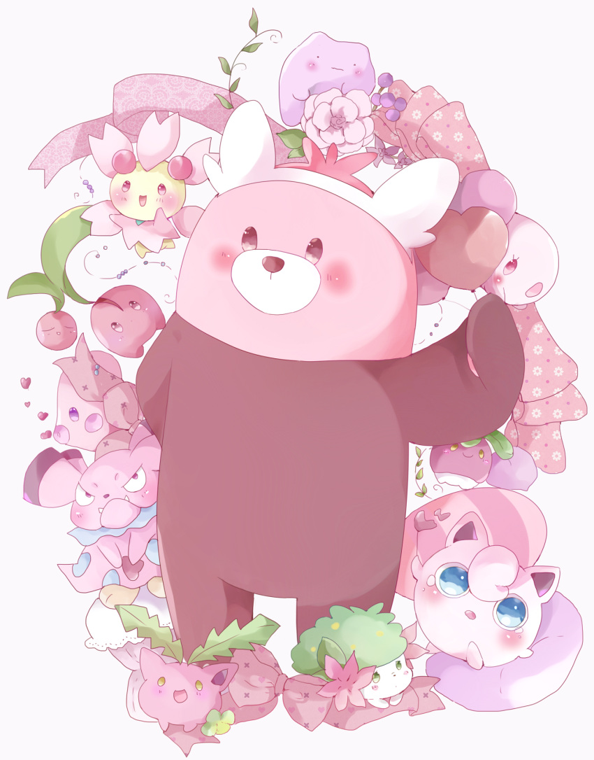 ._. :d balloon bear bewear blue_eyes blush brown_eyes character_request closed_mouth commentary ditto fangs fangs_out floral_print flower gen_1_pokemon gen_2_pokemon gen_7_pokemon green_eyes grey_background heart heart_balloon highres hoppip jigglypuff no_humans open_mouth pink_flower pink_ribbon pink_rose pink_theme pokemon pokemon_(creature) pokemon_(game) pokemon_sm print_ribbon purple_eyes red_eyes ribbon rose simple_background smile snubbull standing tsukiyo_(skymint) unmoving_pattern yellow_eyes
