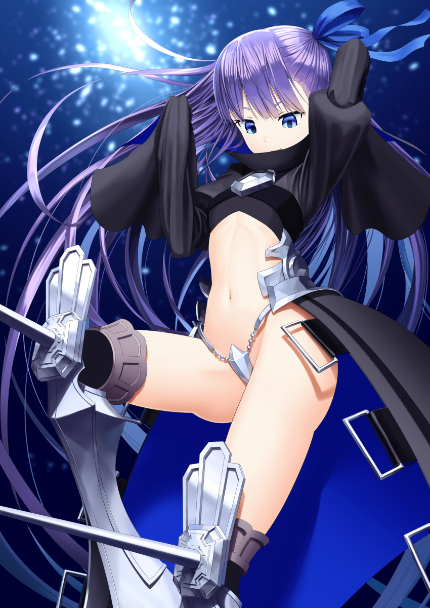 1girl absurdres arm_up bangs black_jacket blue_eyes blue_ribbon commentary_request crotch_plate eyebrows_behind_hair fate/extra fate/extra_ccc fate_(series) groin hair_ribbon high_collar highres jacket juliet_sleeves long_hair long_sleeves looking_at_viewer meltryllis navel parted_lips puffy_sleeves purple_hair ribbon sanbe_futoshi sleeves_past_fingers sleeves_past_wrists smile solo spikes v-shaped_eyebrows very_long_hair wide_sleeves