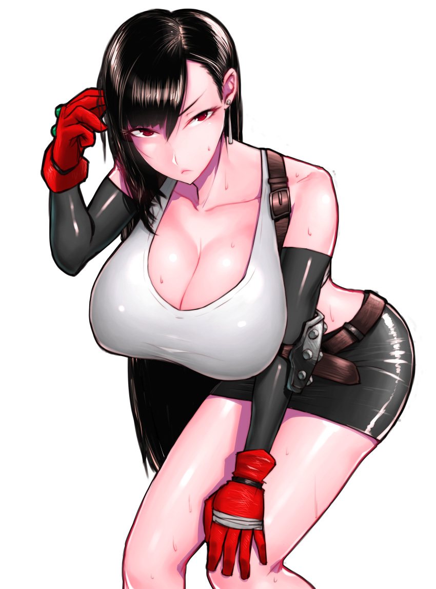 1girl absurdres black_gloves black_hair breasts cleavage collarbone commentary_request earrings elbow_gloves final_fantasy final_fantasy_vii gloves highres huge_breasts jewelry leaning_forward long_hair looking_at_viewer midriff red_eyes simple_background skirt solo suspenders sweat tank_top thighs tifa_lockhart very_long_hair white_background wolffeld