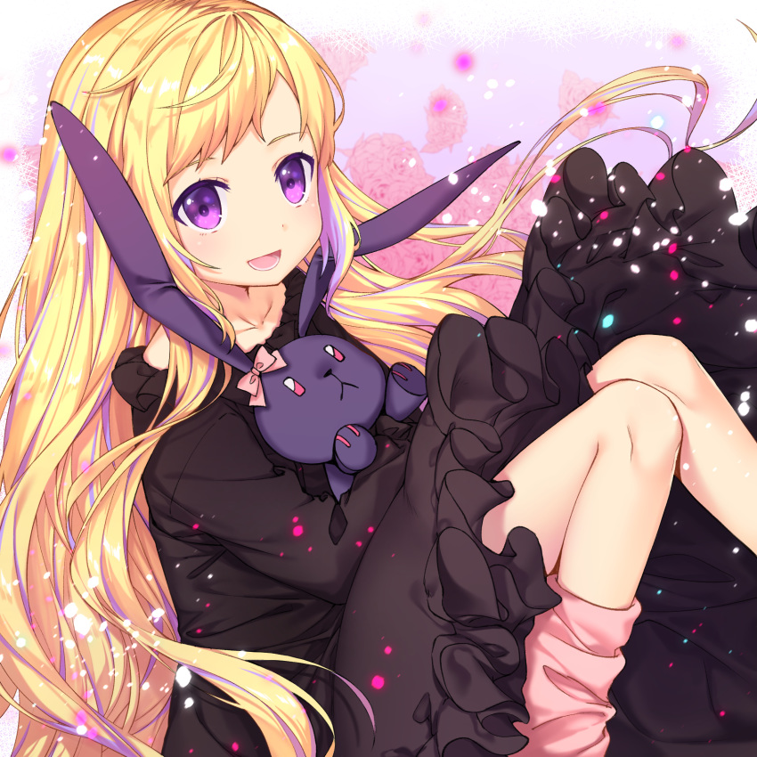 1girl :d alternate_costume alternate_hairstyle bangs black_dress blonde_hair collarbone dress elise_(fire_emblem_if) eyebrows_visible_through_hair fire_emblem fire_emblem_if floral_background flower highres knees_together_feet_apart knees_up long_hair looking_at_viewer loose_socks multicolored_hair object_hug open_mouth pink_flower pink_legwear pink_rose purple_eyes purple_hair rose rose_background sitting smile solo streaked_hair stuffed_animal stuffed_bunny stuffed_toy transistor very_long_hair