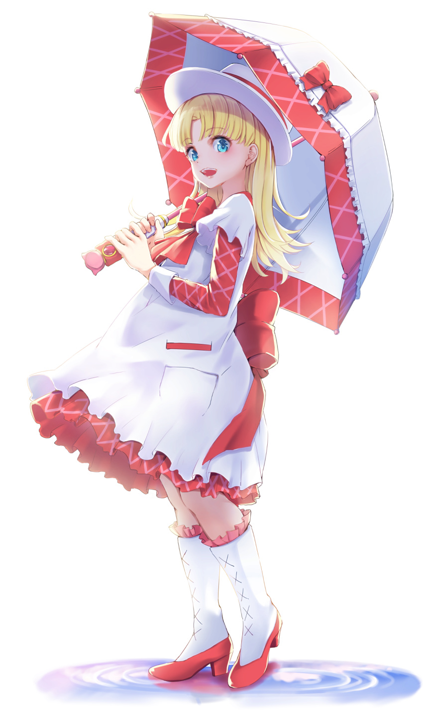 1girl :d ashita_no_nadja bangs blonde_hair blue_eyes blush boots bow commentary_request dress eyebrows_visible_through_hair fingernails frilled_boots frilled_footwear frills funyariko hat high_heel_boots high_heels highres holding holding_umbrella knee_boots long_hair long_sleeves looking_at_viewer nadja_applefield open_mouth parted_bangs puddle red_bow ripples short_over_long_sleeves short_sleeves simple_background smile solo umbrella water white_background white_dress white_footwear white_headwear white_umbrella
