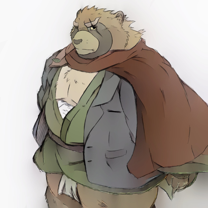 1:1 2019 anthro belly brown_fur canid canine clothing fundoshi fur gyobu hi_res humanoid_hands japanese_clothing male mammal overweight overweight_male raccoon_dog robe scar siroihigenokoi solo tanuki tokyo_afterschool_summoners underwear video_games