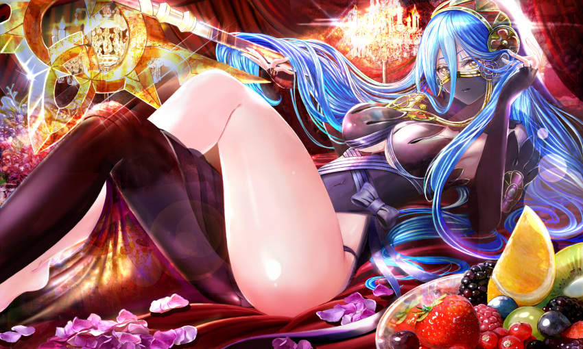 1girl aqua_(fire_emblem_if) aqua_hair bare_legs black_gloves black_legwear blackberry_(fruit) blueberry breasts bridal_gauntlets candle candlestand covered_navel crossed_legs curtains face_mask fingerless_gloves fire_emblem fire_emblem_if food fruit gloves grapes highres kiwi_slice leotard long_hair looking_at_viewer lying mask medium_breasts on_back orange orange_slice petals raspberry single_thighhigh solo staff strawberry taut_clothes thighhighs thighs tongari veil yellow_eyes