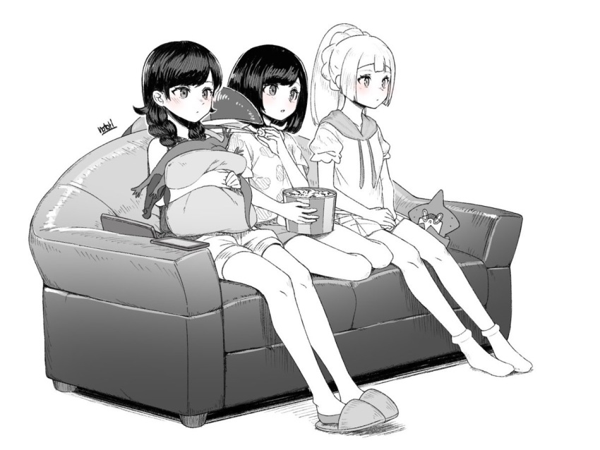 3girls blush closed_mouth couch food gen_4_pokemon gen_7_pokemon greyscale holding lillie_(pokemon) long_hair mizuki_(pokemon) monochrome multiple_girls notori_d pillow pokedex pokemon pokemon_(creature) pokemon_(game) pokemon_sm pokemon_usum ponytail popcorn rotom rotom_dex salandit short_hair short_sleeves shorts simple_background sitting skirt slippers socks toucannon white_background