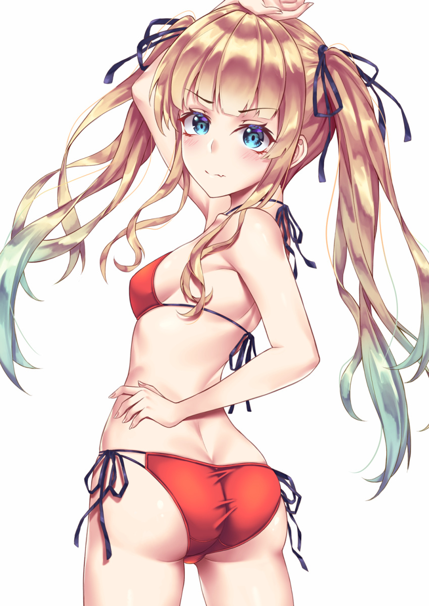 1girl arm_up ass ass_visible_through_thighs bikini black_ribbon blonde_hair blue_eyes breasts cowboy_shot from_behind highres long_legs looking_at_viewer looking_back multi-strapped_bikini red_bikini ribbon saenai_heroine_no_sodatekata sawamura_spencer_eriri simple_background small_breasts solo standing swimsuit twintails user_wye9686 white_background
