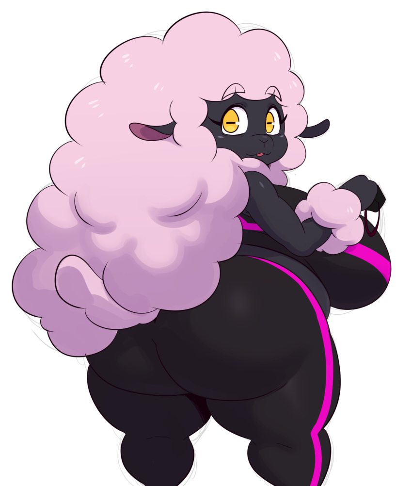2019 :3 anthro big_breasts big_butt bovid breasts butt caprine clothed clothing digital_media_(artwork) domestic_sheep female hair hi_res horizontal_pupils looking_at_viewer looking_back love_handles mammal midriff overweight overweight_female pink_hair sheep sheep_mom short_stack simple_background solo sssonic2 thick_thighs voluptuous white_background wide_hips wool yellow_eyes