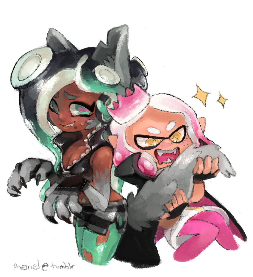 2girls animal_ears ava-riel black_hair black_shirt breasts cape cephalopod_eyes claws cleavage crop_top crown dark_skin domino_mask dress drooling fingerless_gloves gloves gradient_hair green_eyes green_legwear headphones highres hime_(splatoon) holding_another's_tail iida_(splatoon) kemonomimi_mode mask multicolored_hair multiple_girls open_mouth paws pink_hair pink_legwear pink_pupils shirt short_shorts shorts sleeveless sleeveless_shirt smile sparkle splatoon_(series) splatoon_2 suction_cups tail tentacle_hair two-tone_hair white_background white_dress yellow_eyes zipper zipper_pull_tab