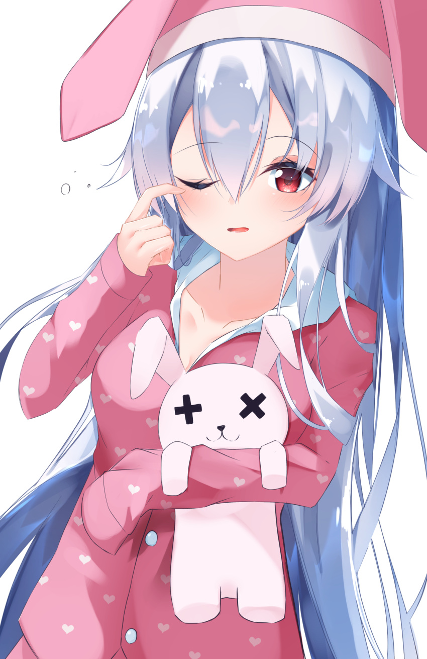 1girl animal_ears animal_hat bangs blue_hair blush breasts bunny_ears bunny_hat collarbone commentary_request dress_shirt eyebrows_visible_through_hair fake_animal_ears fate/grand_order fate_(series) hair_between_eyes hand_up hat heart highres long_hair long_sleeves object_hug one_eye_closed pajamas parted_lips pink_headwear print_shirt red_eyes red_pajamas red_shirt rubbing_eyes shirt simple_background sleepy sleeves_past_fingers sleeves_past_wrists small_breasts solo stuffed_animal stuffed_bunny stuffed_toy suisen-21 tomoe_gozen_(fate/grand_order) very_long_hair waking_up white_background