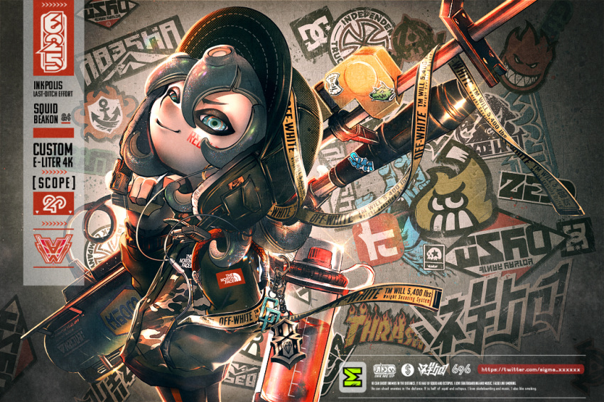 1girl aviator_cap decal e-liter_4k_(splatoon) english_text gun hand_in_pocket ink_tank_(splatoon) keychain nasaxxxx octoling over_shoulder rifle scope smile sniper_rifle splatoon_(series) splatoon_2 tentacle_hair twitter_username weapon weapon_over_shoulder