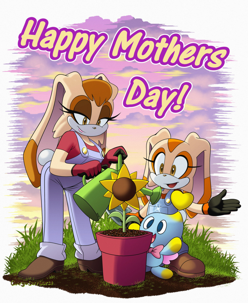 absurd_res chao cheese_the_chao clothed clothing cream_the_rabbit daughter english_text female flower fully_clothed group hi_res lagomorph leporid mammal mature_female mother mother_and_daughter omegasunburst open_mouth overalls parent plant rabbit smile sonic_(series) sunflower text vanilla_the_rabbit watering_can