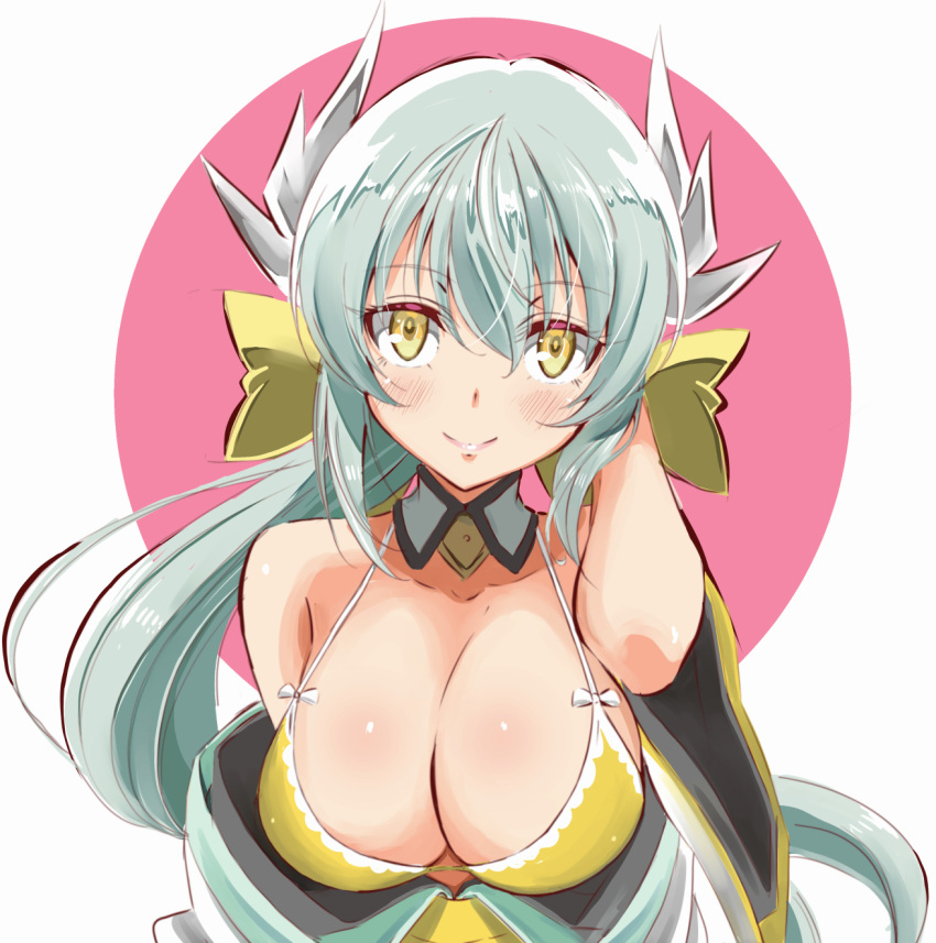 1girl aqua_hair bangs bare_shoulders bikini bow breasts cleavage closed_mouth detached_collar dragon_horns eyebrows_visible_through_hair fate/grand_order fate_(series) hair_between_eyes hair_bow highres horns japanese_clothes kimono kiyohime_(fate/grand_order) kiyohime_(swimsuit_lancer)_(fate) large_breasts long_hair looking_at_viewer medium_breasts ngv3553 smile solo swimsuit upper_body white_horns yellow_bikini yellow_bow yellow_eyes