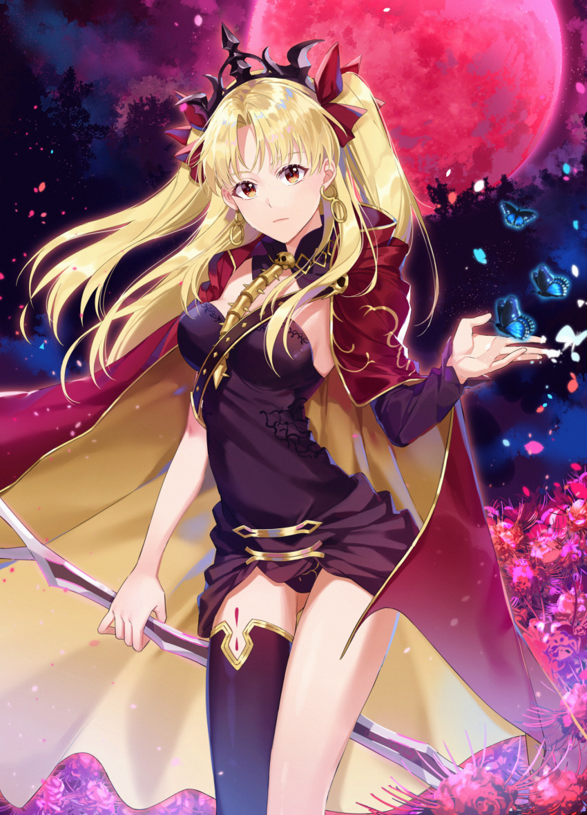 1girl al_(ahr) asymmetrical_legwear asymmetrical_sleeves black_legwear black_leotard blonde_hair bow breasts brown_eyes bug butterfly cape diadem ereshkigal_(fate/grand_order) fate/grand_order fate_(series) floating_hair hair_bow highres holding insect leotard long_hair long_sleeves looking_at_viewer medium_breasts moon petals red_bow red_cape red_moon shiny shiny_hair sideboob single_sleeve single_thighhigh solo standing thighhighs very_long_hair