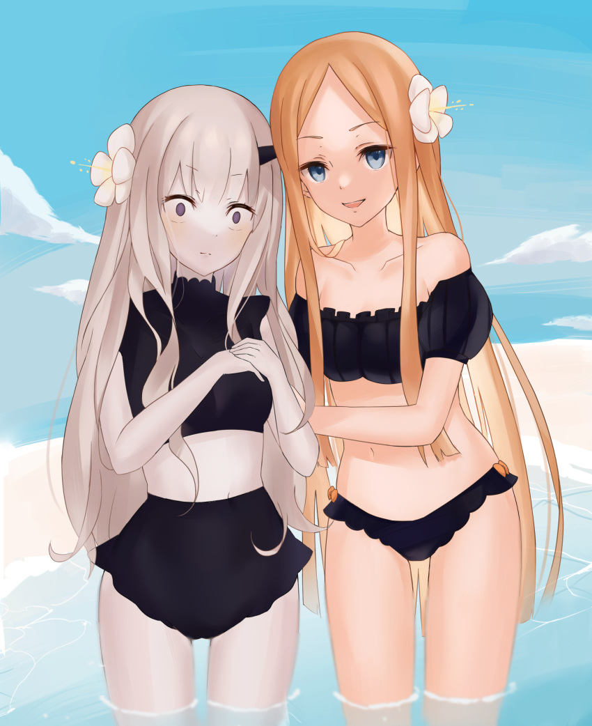 2girls abigail_williams_(fate/grand_order) bangs bare_shoulders bikini black_bikini blonde_hair blue_eyes blue_sky blush breasts closed_mouth collarbone fate/grand_order fate_(series) flower forehead hair_flower hair_ornament highres horn inanami lavinia_whateley_(fate/grand_order) long_hair looking_at_viewer miniskirt multiple_girls navel open_mouth pale_skin parted_bangs purple_eyes skirt sky small_breasts smile swimsuit thighs wading water white_hair wide-eyed