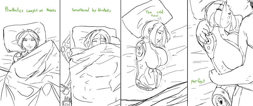 aka6 android armless bed bedding big_breasts blanket breasts clothed clothing comic digital_media_(artwork) duo english_text female female_focus hair hi_res human legless lying machine mammal monochrome navel on_back robot short_hair skimpy sleeping solo_focus sweat text video_games x-com