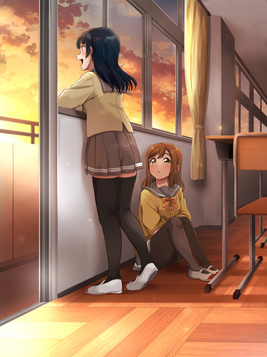 2girls :d absurdres bangs black_legwear blue_hair blush bow bowtie brown_hair chair classroom crossed_arms curtains desk grey_skirt highres knees_up kunikida_hanamaru long_hair long_sleeves looking_at_another looking_out_window love_live! love_live!_sunshine!! miniskirt multiple_girls open_mouth orange_neckwear pantyhose pleated_skirt school_chair school_desk school_uniform serafuku shoes sitting skirt smile standing sunset thighhighs tsushima_yoshiko uranohoshi_school_uniform uwabaki vorupi window wooden_floor yellow_eyes