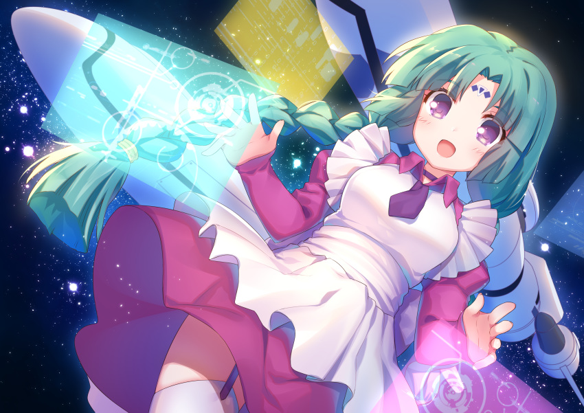 1girl :d absurdres apron bangs blush braid character_request choker commentary_request dress eyebrows_visible_through_hair facial_mark forehead_mark garter_straps green_hair highres holographic_interface jiang-ge juliet_sleeves long_hair long_sleeves lost_universe low_twintails necktie open_mouth parted_bangs puffy_sleeves purple_choker purple_eyes purple_neckwear red_dress short_necktie smile solo space star_(sky) thighhighs twin_braids twintails very_long_hair white_apron white_legwear