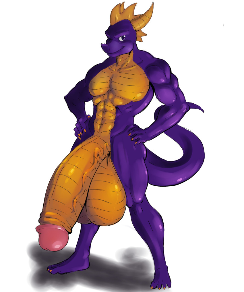 absurd_res anthro balls big_balls dragon flaccid hands_on_hips hi_res horn huge_balls humanoid_penis hyper hyper_balls hyper_penis looking_at_viewer male mechogama muscular muscular_male penis retracted_foreskin smile solo spyro spyro_the_dragon standing uncut vein video_games