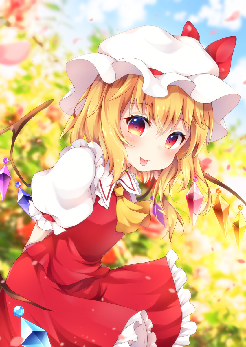 1girl :p arms_behind_back bending_forward blonde_hair blue_sky blurry blush cloud commentary_request cravat crystal day depth_of_field eyebrows_visible_through_hair flandre_scarlet garden hair_between_eyes hat hat_ribbon highres looking_at_viewer miy@ mob_cap outdoors petals puffy_short_sleeves puffy_sleeves red_eyes red_skirt red_vest ribbon shirt short_hair short_sleeves side_ponytail skirt sky solo standing tongue tongue_out touhou vest white_shirt wind wings yellow_neckwear