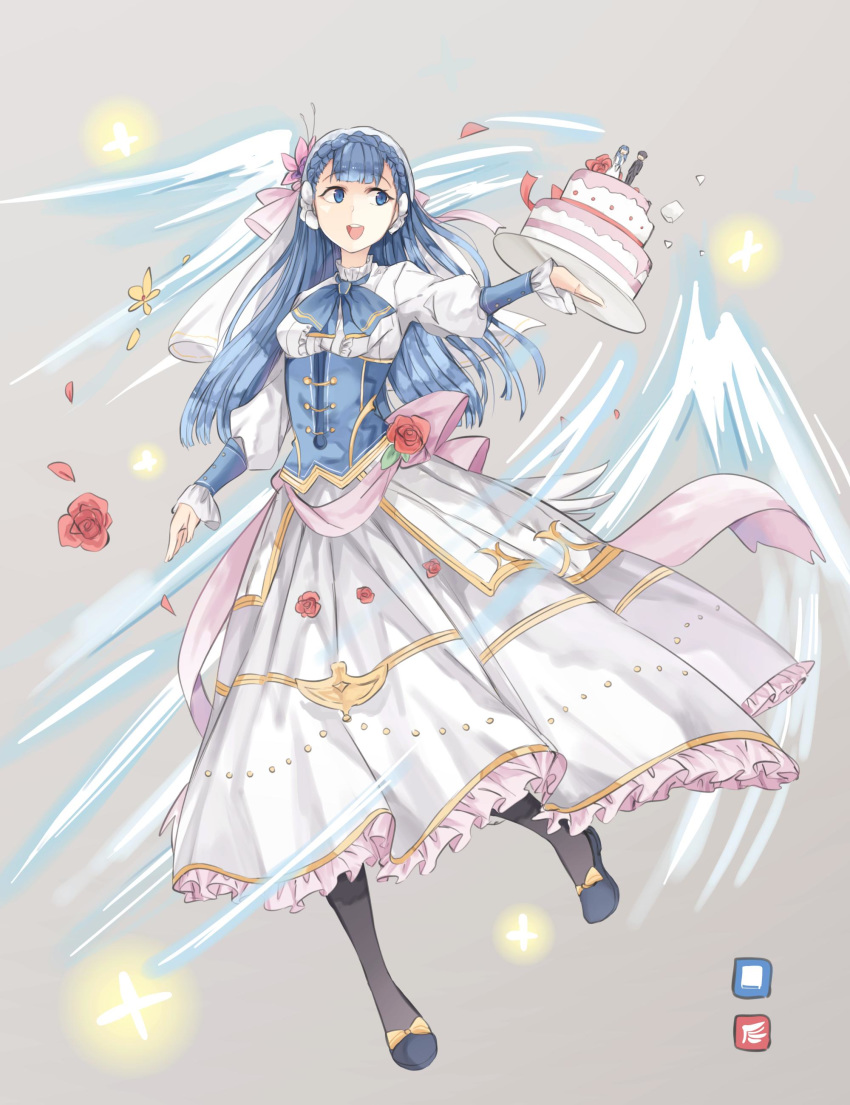 1girl absurdres alternate_costume blue_eyes blue_hair cake dress fire_emblem fire_emblem_echoes:_mou_hitori_no_eiyuuou fire_emblem_heroes flower food full_body grey_background hair_flower hair_ornament highres holding linea_(fire_emblem) long_hair long_sleeves open_mouth petals plate simple_background solo veil zyuno0