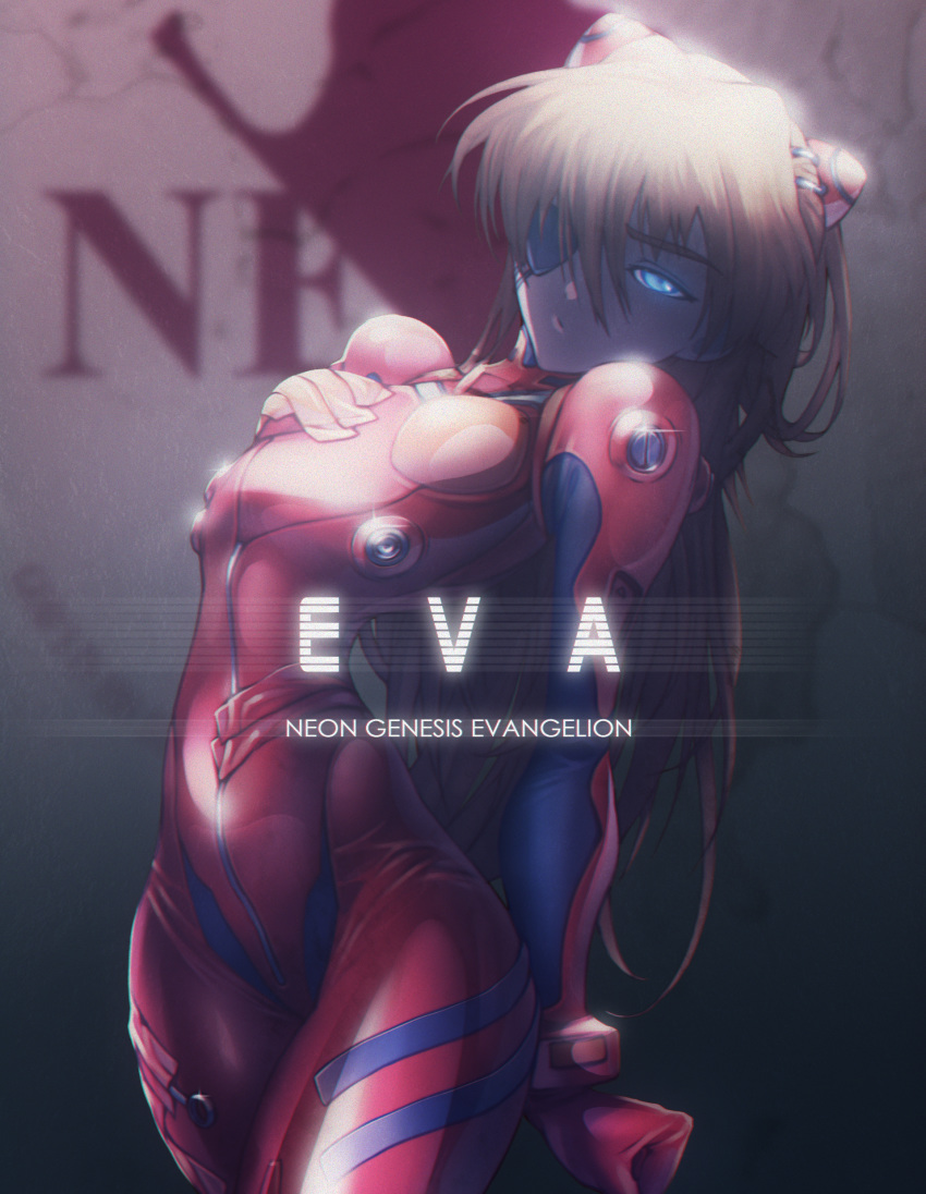 1girl absurdres arched_back backlighting bodysuit breasts brown_hair clenched_hand copyright_name evangelion:_3.0_you_can_(not)_redo eyepatch hairpods head_tilt highres long_hair looking_at_viewer multicolored multicolored_bodysuit multicolored_clothes neon_genesis_evangelion nerv one-eyed orange_bodysuit pilot_suit plugsuit rebuild_of_evangelion red_bodysuit shikinami_asuka_langley skin_tight slender_waist slivokuch small_breasts solo souryuu_asuka_langley test_plugsuit