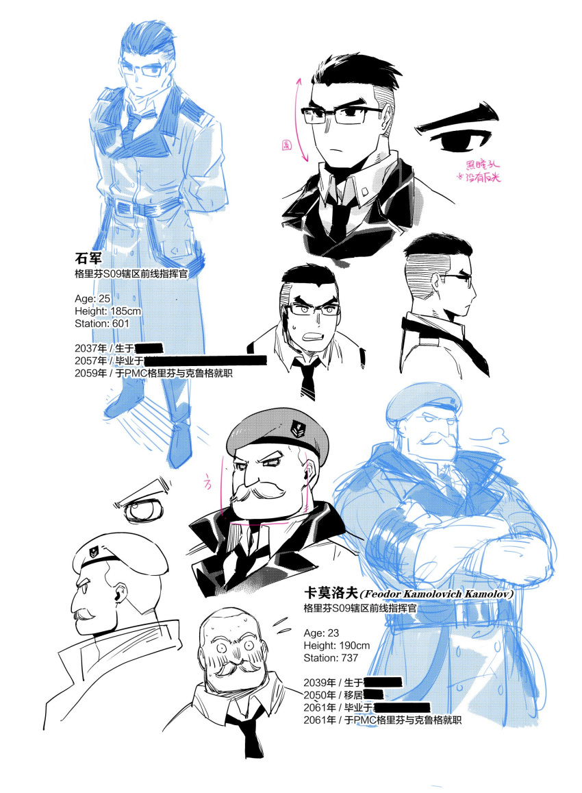2boys absurdres beret black_hair blonde_hair blush character_name chinese_text commander_(girls_frontline) commentary_request crossed_arms facial_hair girls_frontline glasses hat highres miharu_(cgsky) military military_uniform multiple_boys mustache necktie official_art sleeves_rolled_up translation_request uniform