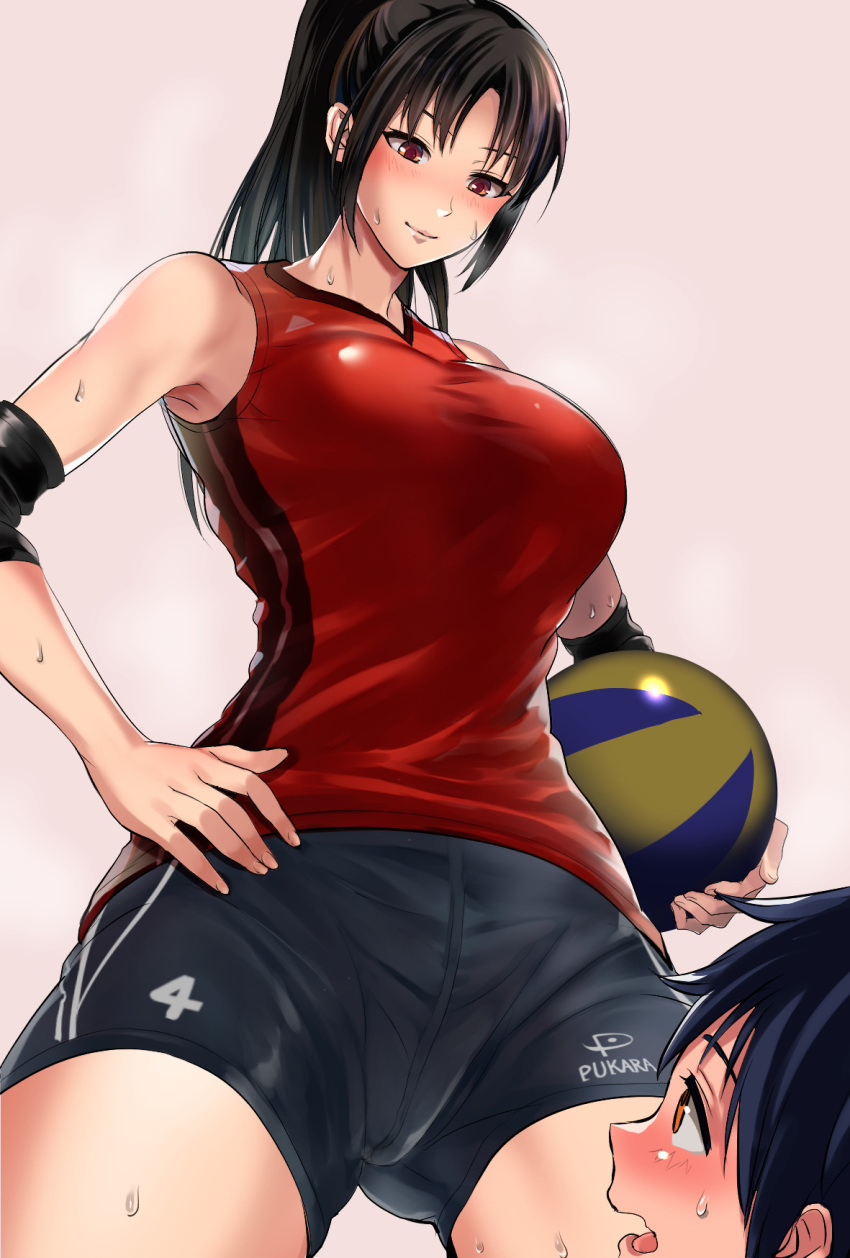 1boy 1girl age_difference armpits bare_shoulders basketball basketball_uniform black_hair blush breasts brown_eyes closed_mouth embarrassed hand_on_hip height_difference highres large_breasts long_hair looking_at_another looking_down looking_up nose_blush original ponytail puca-rasu shorts shota smile sportswear sweat