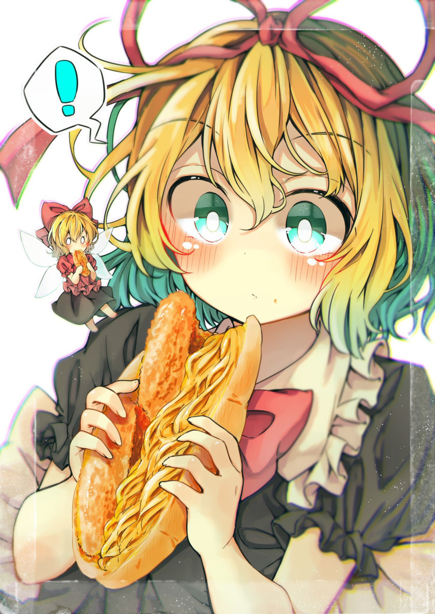 ! &gt;:) 2girls blonde_hair blue_eyes blush bow commentary_request doll eating eyebrows_visible_through_hair food frilled_shirt frilled_shirt_collar frilled_sleeves frills gradient_hair green_hair highres medicine_melancholy multicolored_hair multiple_girls o_o puffy_short_sleeves puffy_sleeves red_bow red_neckwear red_ribbon ribbon sandwich seika_okawari shirt short_hair short_sleeves size_difference spoken_exclamation_mark su-san surprised touhou wavy_hair