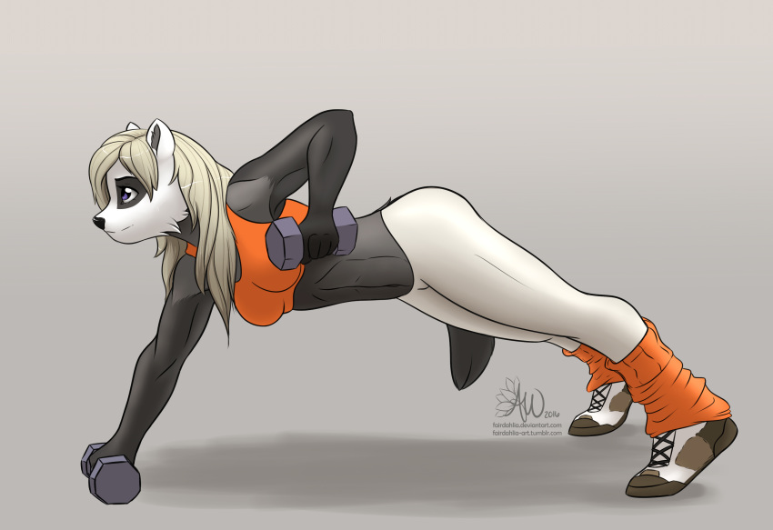 badger clothing dumbbell exercise fairdahlia female footwear hair liz_(mykegreywolf) mammal mustelid musteline shoes smile solo weights