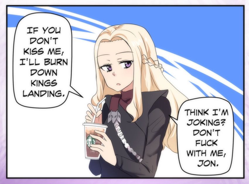 1girl blonde_hair braid coffee_cup cup daenerys_targaryen disposable_cup drinking_straw english_text french_braid game_of_thrones highres hinghoi long_hair pout purple_eyes speech_bubble starbucks yandere