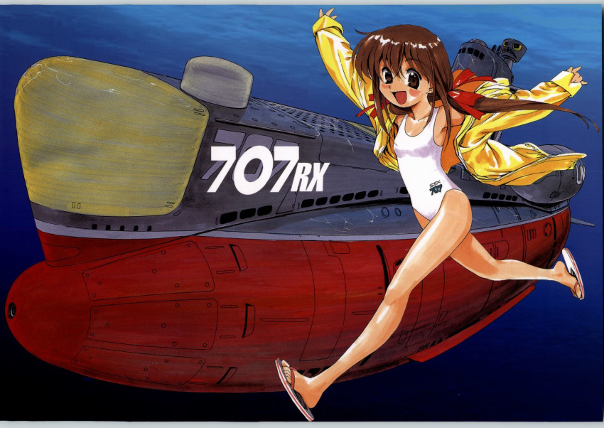 1girl armpits arms_up brown_eyes brown_hair casual_one-piece_swimsuit full_body hayami_ayumi highres jacket legs long_hair low_twintails oka_shouhei one-piece_swimsuit open_mouth outstretched_arms ribbon runing sandals sleeves_past_wrists smile solo submarine submarine_707r swimsuit toes twintails underwater watercraft white_swimsuit yellow_jacket