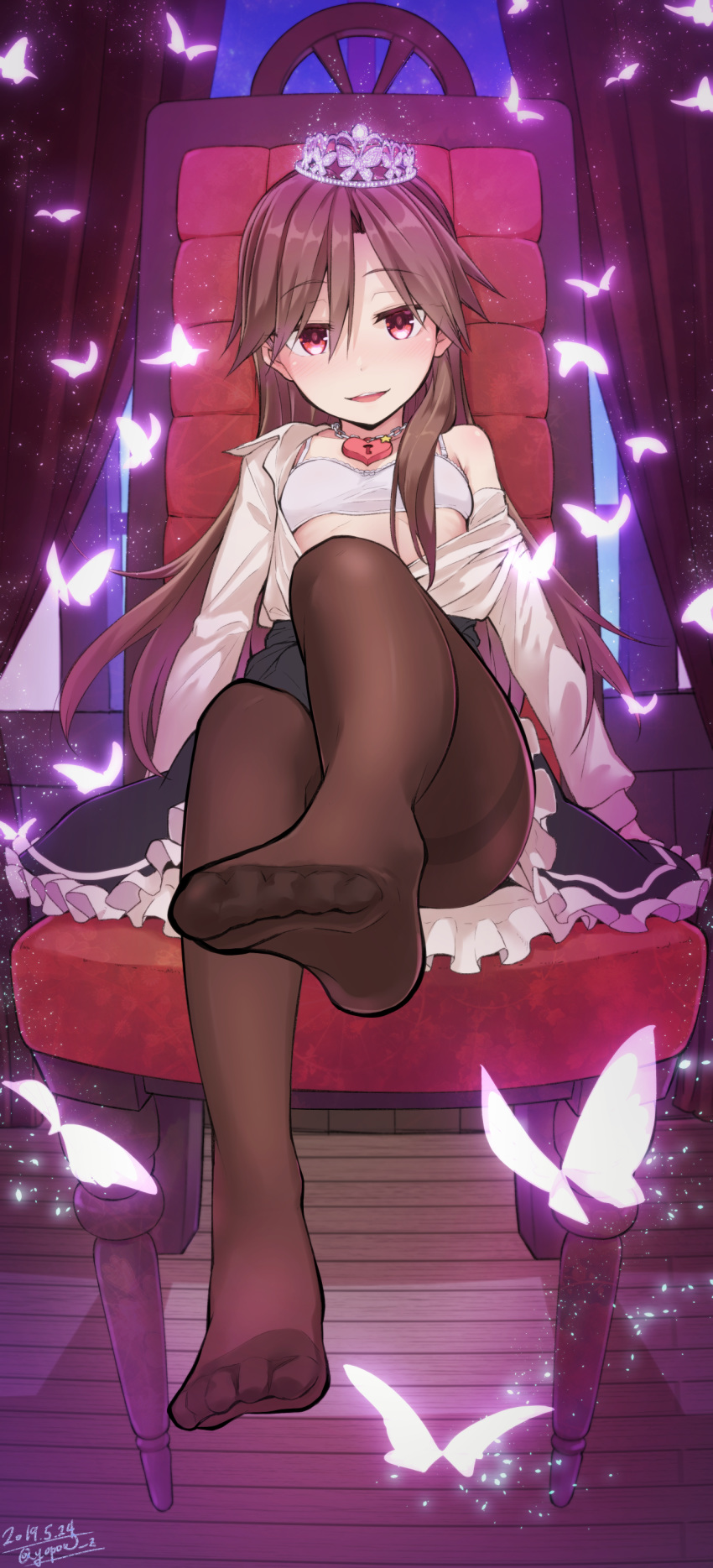 1girl :d absurdres arashio_(kantai_collection) bangs banned_artist bare_shoulders black_skirt bra breasts brown_hair brown_legwear bug butterfly chain chair commentary_request crown curtains dated dress_shirt feet frilled_skirt frills heart-shaped_lock highres indoors insect kantai_collection knee_up light_particles lock long_hair long_sleeves looking_at_viewer no_shoes off_shoulder open_clothes open_mouth open_shirt padlock pantyhose red_eyes shirt sitting skirt small_breasts smile soles solo thighband_pantyhose toes twitter_username underwear white_bra white_shirt wooden_floor yopan_danshaku