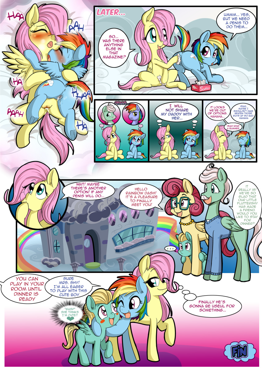 2018 anibaruthecat anus blush brother brother_and_sister butt clothing comic cub cutie_mark dialogue english_text equid equine eyes_closed eyewear female feral fluttershy_(mlp) friendship_is_magic glasses group hooves jewelry mammal mr._shy_(mlp) mrs._shy_(mlp) my_little_pony necklace open_mouth pterippus pussy rainbow_dash_(mlp) sibling sister text underhoof young zephyr_breeze_(mlp)