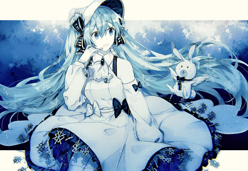1girl :d ascot bare_shoulders blue_theme bow bowtie bunny collared_dress cowboy_shot detached_sleeves dress dress_bow frilled_dress frills gocoli hair_between_eyes hair_bow hat hatsune_miku headset highres long_hair looking_at_another microphone monochrome neckerchief open_mouth puffy_sleeves smile snowflakes stuffed_animal stuffed_toy thighhighs twintails very_long_hair vocaloid yuki_miku yukine_(vocaloid)